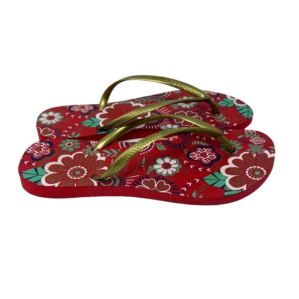 Havaianas Slim Flip Flops Women's US 6 EU 39/40 Red Floral‎ Gold Straps